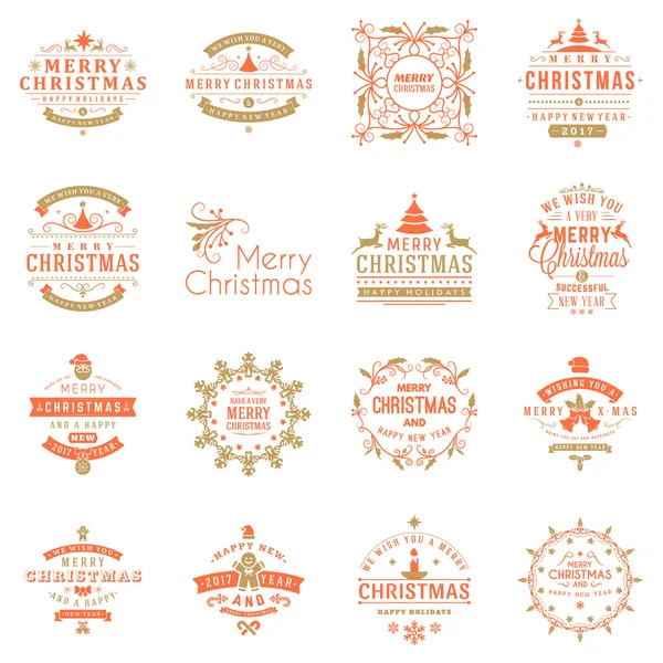 Set von frohen Weihnachten und ein glückliches neues Jahr dekorative Abzeichen für Grußkarten oder Einladungen. Vektorillustration. typografische Gestaltungselemente. rote und goldene Farbe Thema — Stockvektor