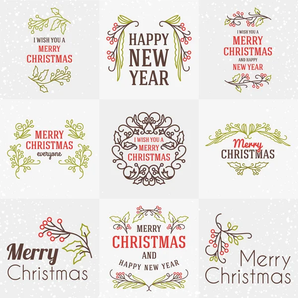 Set of Merry Christmas and Happy New Year Decorative Badges for Greetings Cards or Invitations. Vector Illustration. Typographic Design Elements. Red, Green and Brown Color Theme — Stock Vector