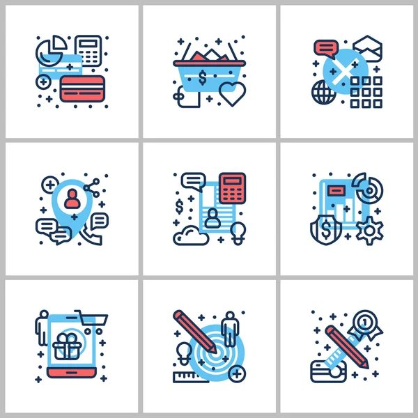 İş ve çalışma. Başlangıçta, web kontrol, istatistik, dokuz simgeler kümesi. Gri, kırmızı ve mavi renkli. Düz vektör çizimler