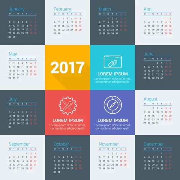 Calendario 2017 año. Plantilla de papelería de diseño vectorial con iconos de concepto empresarial. La semana comienza el lunes. Estilo plano vector de color ilustración — Vector de stock