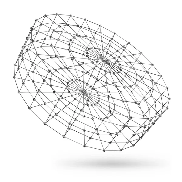 Многоугольный геометрический элемент Wireframe. Цилиндр с соединенными линиями и точками. Векторная иллюстрация на белом фоне с тенью — стоковый вектор