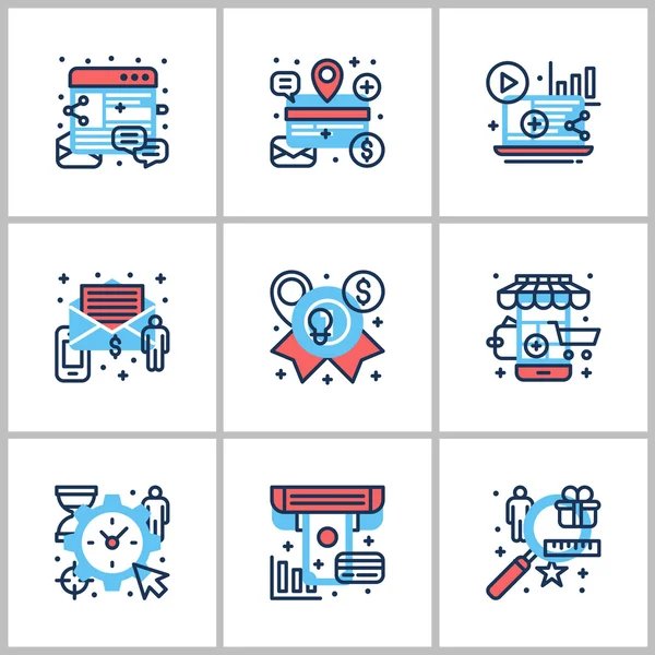 Business and Working. Set of nine icons on startup, web, checking, statistics. Colored in gray, red and blue. Flat vector illustrations — Stockový vektor