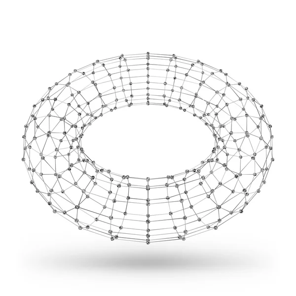 Elemento geométrico poligonal wireframe. Toro com linhas e pontos conectados. Ilustração vetorial sobre fundo branco com sombra — Vetor de Stock