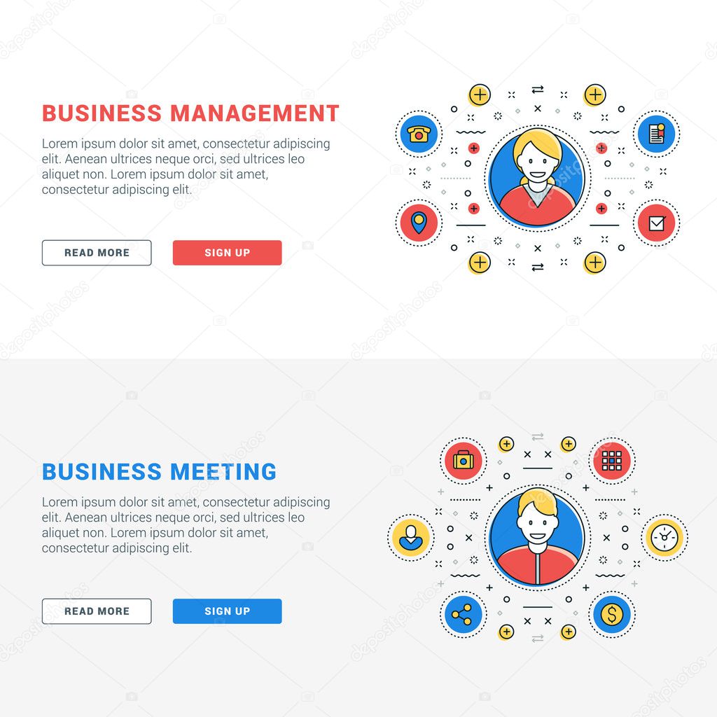 Set of flat line business website banner templates. Vector illustration. Modern thin line icons in circle. Illustration Concepts for Web Banners and Promotional Materials. Business management. Busines
