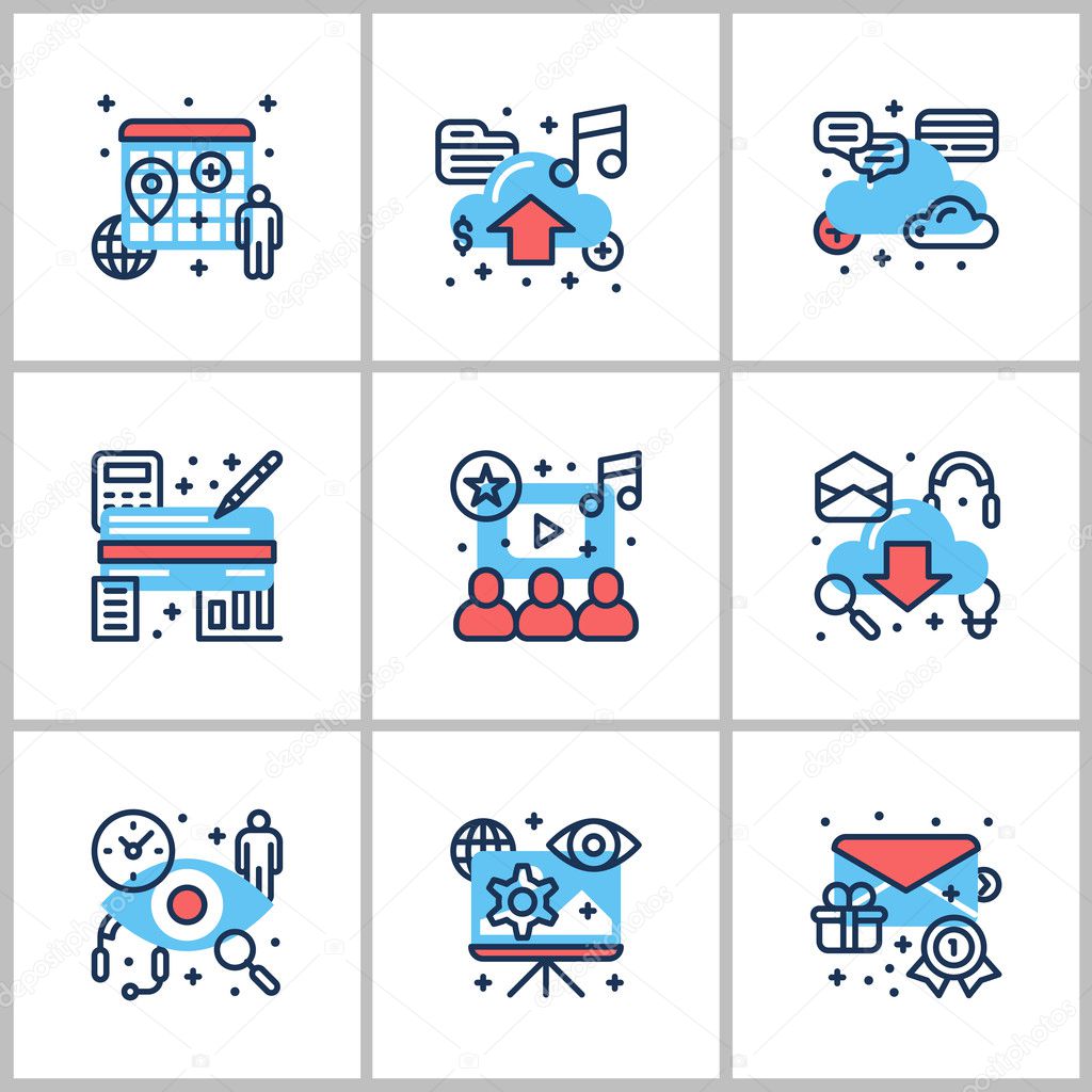 Business and Working. Set of nine icons on startup, web, checking, statistics. Colored in gray, red and blue. Flat vector illustrations