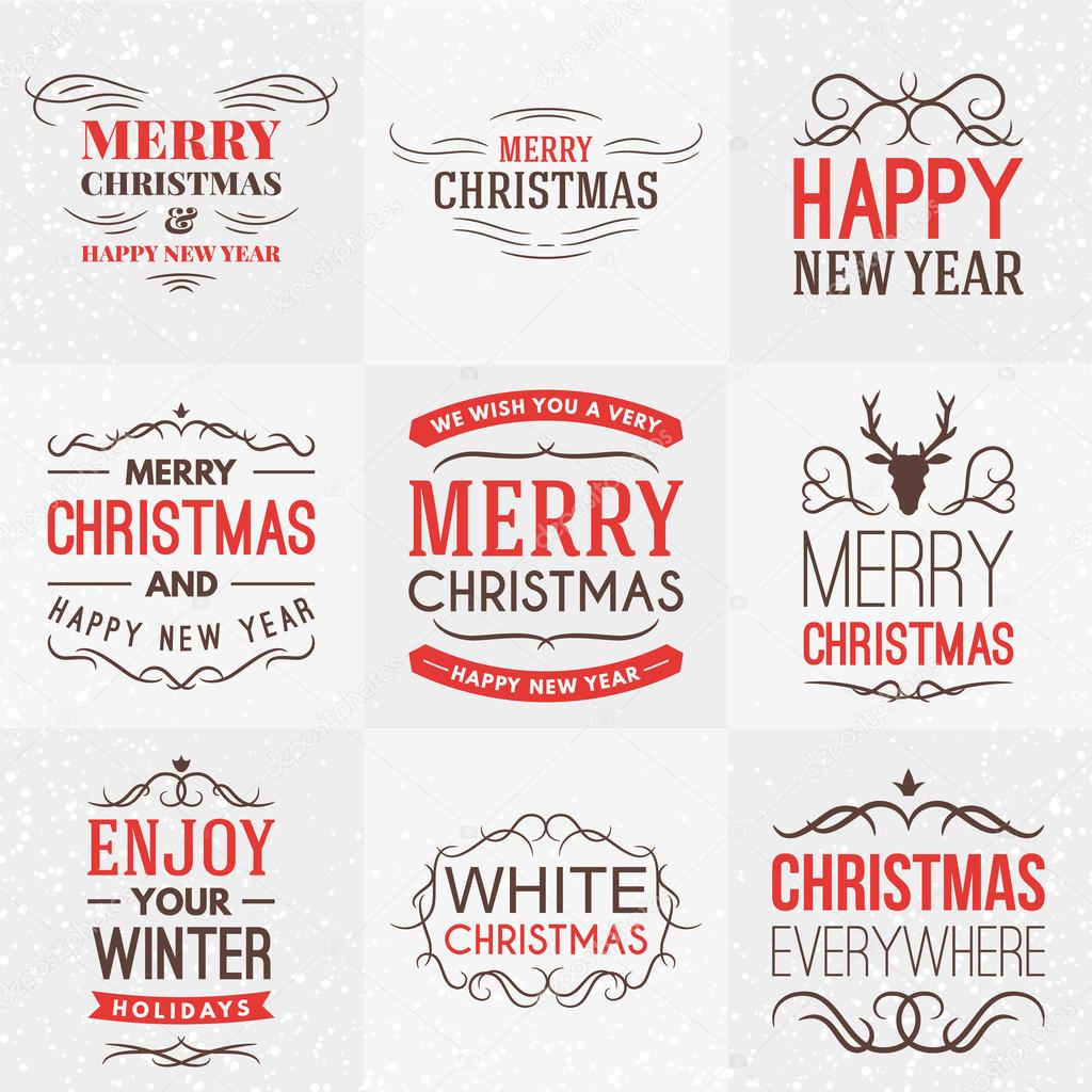 Set of Merry Christmas and Happy New Year Decorative Badges for Greetings Cards or Invitations. Vector Illustration. Typographic Design Elements. Red, Green and Brown Color Theme