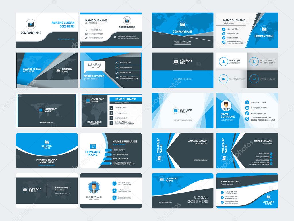 Set of modern creative business card templates. Blue and black colors. Flat style vector illustration. Stationery design