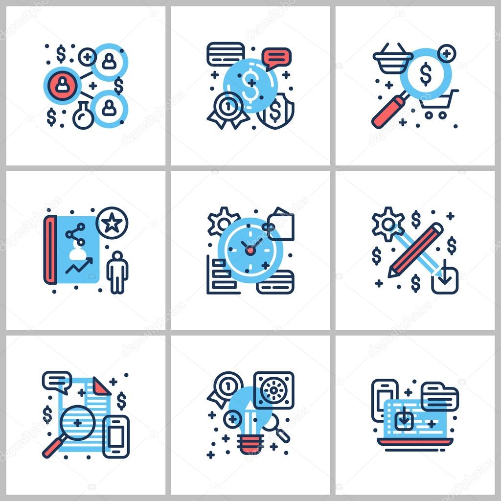 Business and Working. Set of nine icons on startup, web, checking, statistics. Colored in gray, red and blue. Flat vector illustrations