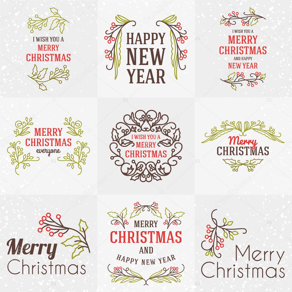 Set of Merry Christmas and Happy New Year Decorative Badges for Greetings Cards or Invitations. Vector Illustration. Typographic Design Elements. Red, Green and Brown Color Theme