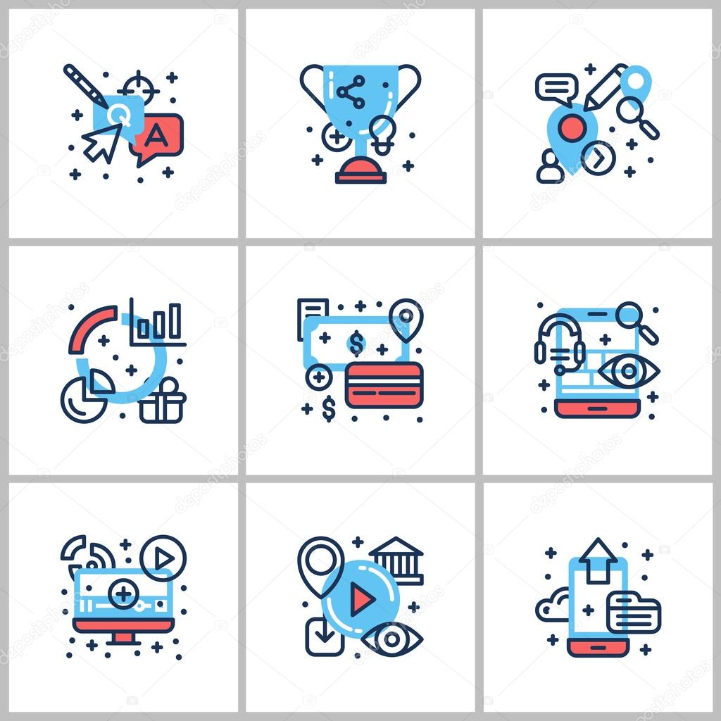 Business and Working. Set of nine icons on startup, web, checking, statistics. Colored in gray, red and blue. Flat vector illustrations