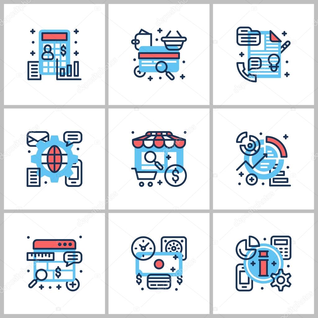 Business and Working. Set of nine icons on startup, web, checking, statistics. Colored in gray, red and blue. Flat vector illustrations