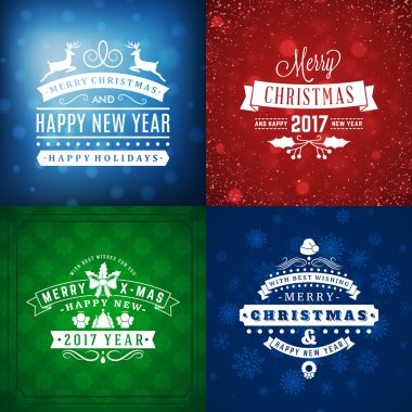 Neşeli Noel ve mutlu yeni yıl dekoratif rozetleri kümesi için tebrik kartları ve davetiyeler. Vektör çizim. Renkli arka plan ile kar taneleri ve ışıklar