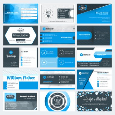 Modern yaratıcı kartvizit şablonları kümesi. Mavi ve siyah renk. Düz stil vektör çizim. İleti örneği tasarım