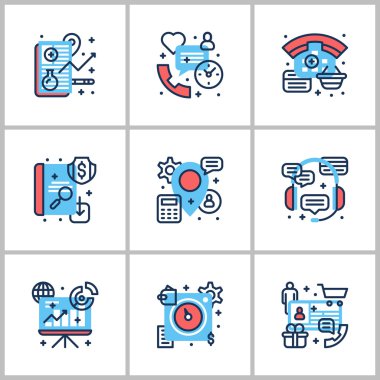 İş ve çalışma. Başlangıçta, web kontrol, istatistik, dokuz simgeler kümesi. Gri, kırmızı ve mavi renkli. Düz vektör çizimler