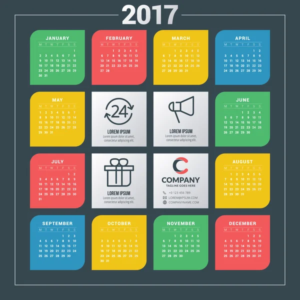 Kalender für 2017 Jahr. Vektor Design Briefpapier Vorlage mit Business-Konzept-Symbole. Die Woche beginnt am Montag. flachen Stil Farbvektor Illustration — Stockvektor