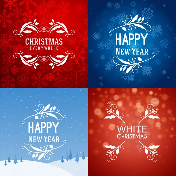 Ensemble d'insignes décoratifs joyeux Noël et bonne année pour cartes de vœux ou invitations. Illustration vectorielle. Fond coloré abstrait avec flocons de neige et lumières — Image vectorielle