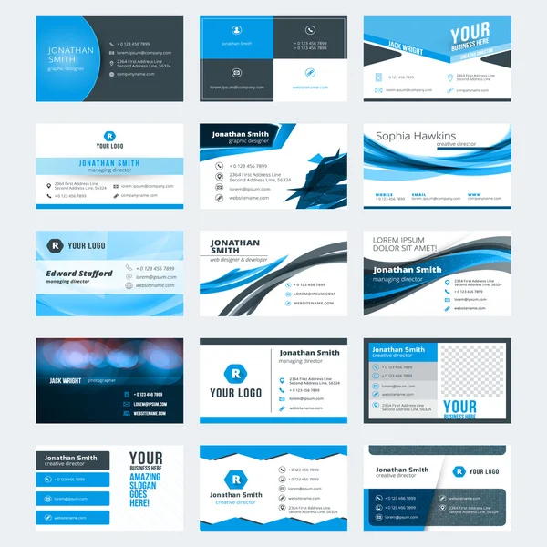 Set of modern creative business card templates. Blue and black colors. Flat style vector illustration. Stationery design Stock Illustration