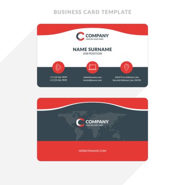 Yaratıcı ve temiz çift taraflı kartvizit şablonu. Kırmızı ve siyah renkleri. Düz tasarım vektör çizim. İleti örneği tasarım