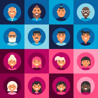 Kadın ve erkek farklı gülümseyen yüzler bileşimi. Mavi ve pembe arka plan üzerinde renkli düz vektör çizimler bir dizi 