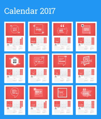 Duvar takvimi şablonunu 2017 yıl için. Takvim Poster. Fotoğraf, logo ve iletişim bilgileri için yerleştirin. Hafta başlıyor Pazartesi. 12 ay kümesi. İleti örneği tasarımı. Vektör Takvim şablonu