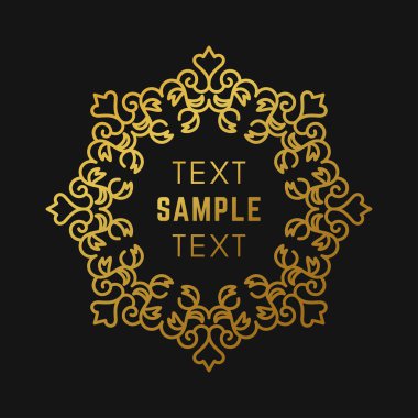 Altın lüks logo çerçeve. Siyah zemin üzerine altın. Vektör çizim. Kartvizit, davetiye, tebrik kartı şablonu için dekoratif elemanlar