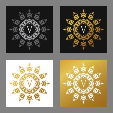 Çiçek logosu çerçeve ve monogram kümesi. Siyah ve beyaz zemin üzerine altın. Vektör çizim. Kartvizit, davetiye, tebrik kartı şablonu için dekoratif elemanlar