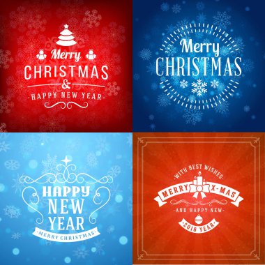 Neşeli Noel ve mutlu yeni yıl dekoratif rozetleri kümesi için tebrik kartları ve davetiyeler. Vektör çizim. Renkli arka plan ile kar taneleri ve ışıklar
