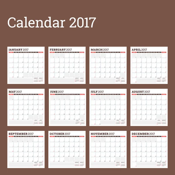 Шаблон календаря на 2017 год. Неделя начинается в воскресенье. Набор из 12 месяцев. Канцелярский дизайн. Шаблон векторного календаря — стоковый вектор