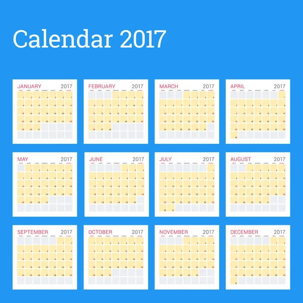 Modelo de Planejador de Calendário para 2017 Ano. A semana começa no domingo. Conjunto de 12 Meses. Desenho de papelaria. Modelo de calendário vetorial —  Vetores de Stock