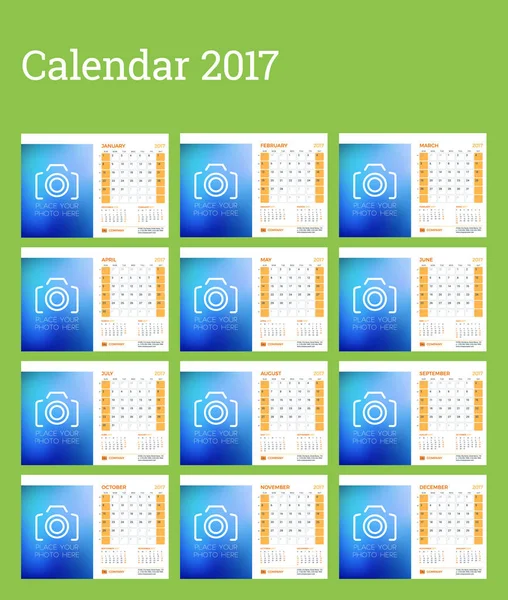 Tischkalender Vorlage für 2017 Jahr. Die Woche beginnt am Sonntag. Satz von 12 Monaten. Ort für Foto, Logo und Kontaktinformationen. Schreibwarendesign. Vektorkalendervorlage — Stockvektor