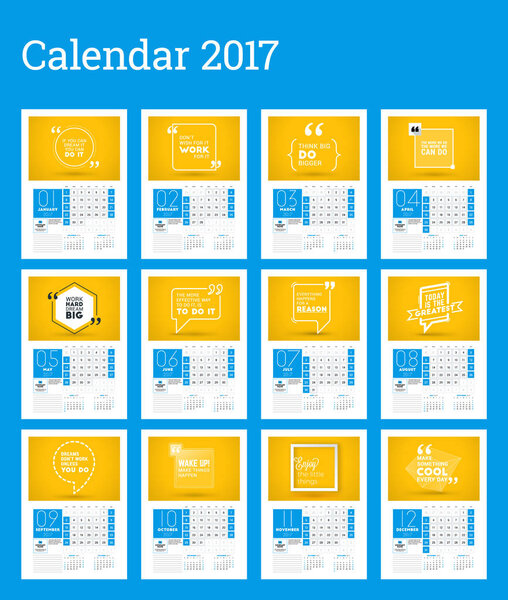 Wall Calendar Template for 2017 Year. Calendar Poster. Place for Photo, logo and Contact Information. Week Starts Sunday. Set of 12 Months. Stationery Design. Vector Calendar Template