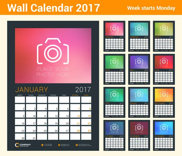 Vägg kalendermall Planner för 2017 år. Set med 12 månader. Vektor designmall med plats för foto. Veckan startar måndag. Stående orientering. Svart bakgrund — Stock vektor