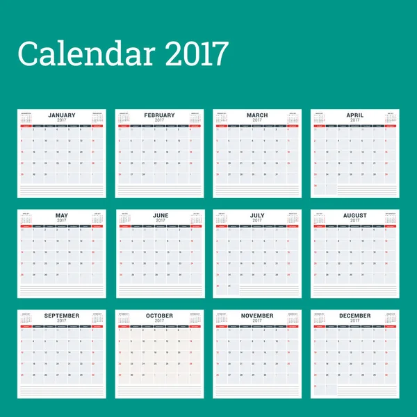 Modelo de Planejador de Calendário para 2017 Ano. A semana começa no domingo. Conjunto de 12 Meses. Desenho de papelaria. Modelo de calendário vetorial — Vetor de Stock