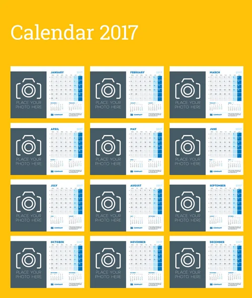 Tischkalender Vorlage für 2017 Jahr. Die Woche beginnt am Montag. Satz von 12 Monaten. Ort für Foto, Logo und Kontaktinformationen. Schreibwarendesign. Vektorkalendervorlage — Stockvektor
