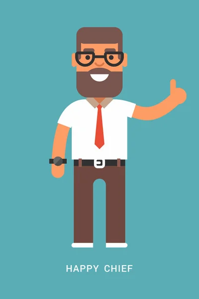 Expressions and emotions.  Happy chief. Smiling man with a thumb up in white shirt and tie. Flat colored vector illustration on blue background