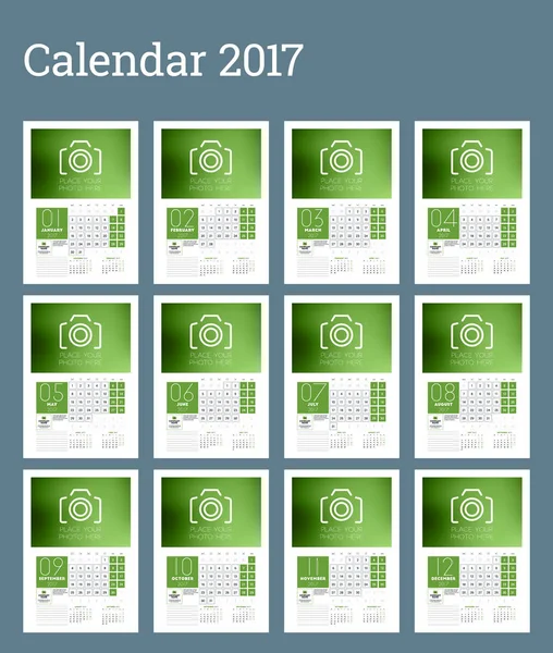 Modèle de calendrier mural pour 2017 Année. Affiche de calendrier. Lieu pour la photo, logo et coordonnées. La semaine commence lundi. Ensemble de 12 mois. Papeterie Design. Modèle de calendrier vectoriel — Image vectorielle