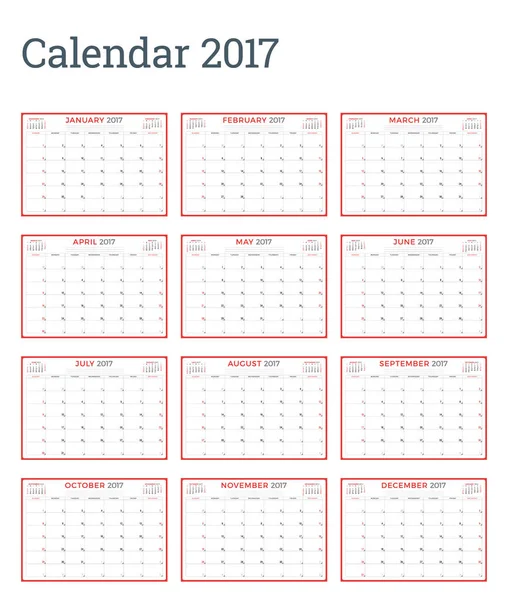 Modelo de Planejador de Calendário para 2017 Ano. A semana começa no domingo. Conjunto de 12 Meses. Desenho de papelaria. Modelo de calendário vetorial — Vetor de Stock