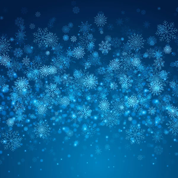 Fondo de copos de nieve azul navidad con luces. Ilustración abstracta del vector. Fondo decorativo para tarjeta de felicitación navideña — Archivo Imágenes Vectoriales