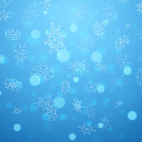 Синие снежинки на фоне огней. Абстрактная векторная иллюстрация. Декоративный фон для праздничных открыток
