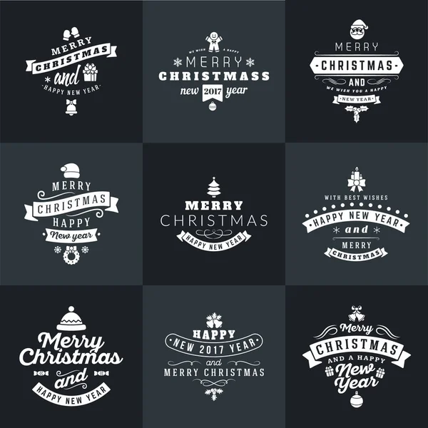 Set van vrolijke Kerstmis en gelukkig Nieuwjaar decoratieve Badges voor Greetings Cards of uitnodigingen. Vector illustratie in wit en zwart kleuren — Stockvector