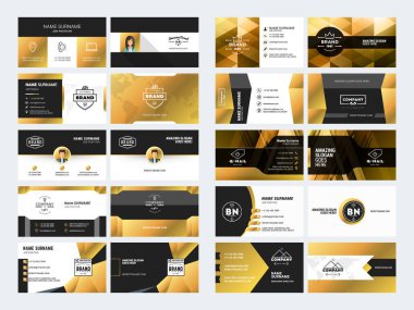 Logo elemanları ile zarif çift taraflı kartvizit şablonları kümesi. Siyah ve altın renkleri. Vektör çizim. İleti örneği tasarım