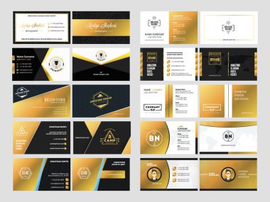 Logo elemanları ile zarif çift taraflı kartvizit şablonları kümesi. Siyah ve altın renkleri. Vektör çizim. İleti örneği tasarım