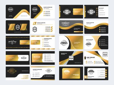 Logo elemanları ile zarif çift taraflı kartvizit şablonları kümesi. Siyah ve altın renkleri. Vektör çizim. İleti örneği tasarım