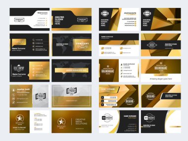 Logo elemanları ile zarif çift taraflı kartvizit şablonları kümesi. Siyah ve altın renkleri. Vektör çizim. İleti örneği tasarım