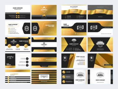 Logo elemanları ile zarif çift taraflı kartvizit şablonları kümesi. Siyah ve altın renkleri. Vektör çizim. İleti örneği tasarım
