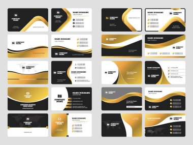 Logo elemanları ile zarif çift taraflı kartvizit şablonları kümesi. Siyah ve altın renkleri. Vektör çizim. İleti örneği tasarım