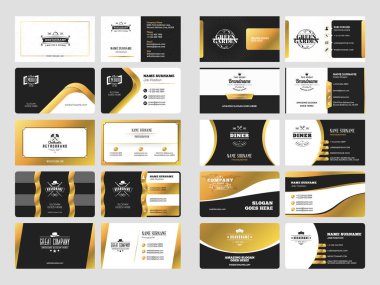Logo elemanları ile zarif çift taraflı kartvizit şablonları kümesi. Siyah ve altın renkleri. Vektör çizim. İleti örneği tasarım