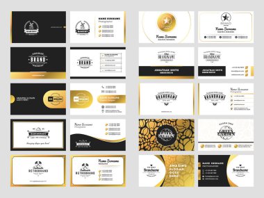 Logo elemanları ile zarif çift taraflı kartvizit şablonları kümesi. Siyah ve altın renkleri. Vektör çizim. İleti örneği tasarım