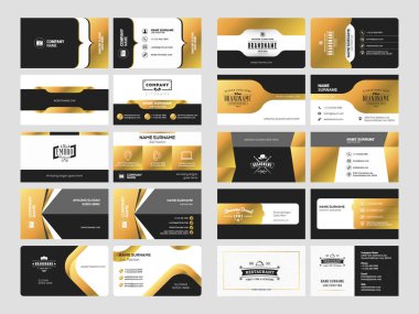 Logo elemanları ile zarif çift taraflı kartvizit şablonları kümesi. Siyah ve altın renkleri. Vektör çizim. İleti örneği tasarım