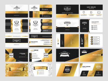 Logo elemanları ile zarif çift taraflı kartvizit şablonları kümesi. Siyah ve altın renkleri. Vektör çizim. İleti örneği tasarım
